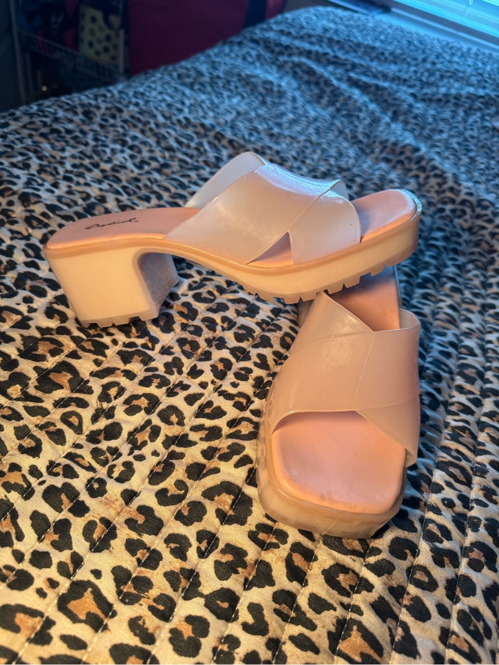 Qupid Blush Pink Crossband Block Heel Slides